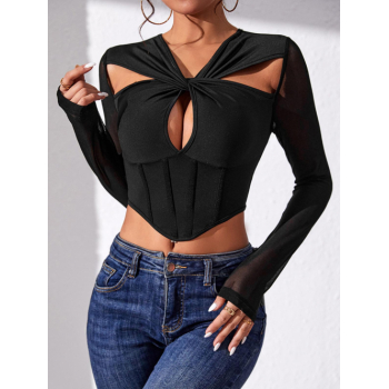 Fashion Women Tees Women's Sexy Going Out Cut Out Twist Ruched Fishbone Hanky Hem Mesh Spliced Long Sleeves Crop T Shirt M Black