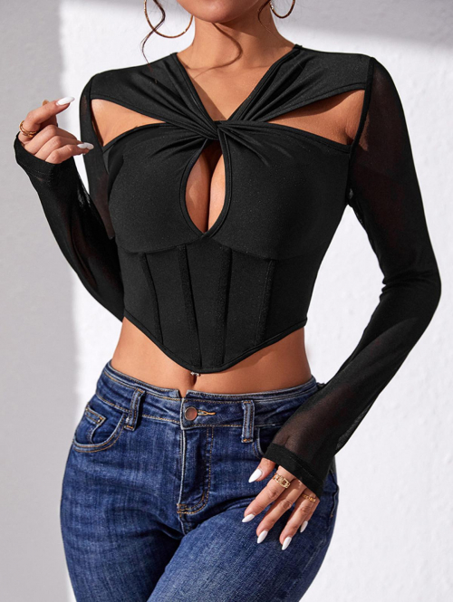 Fashion Women Tees Women's Sexy Going Out Cut Out Twist Ruched Fishbone Hanky Hem Mesh Spliced Long Sleeves Crop T Shirt M Black