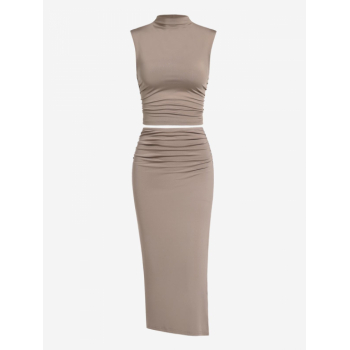 Mock Neck Ruched Crop Tank Top Thigh High Split Midi Bodycon Skirt Going Out Sexy Two Piece Dress Coffee