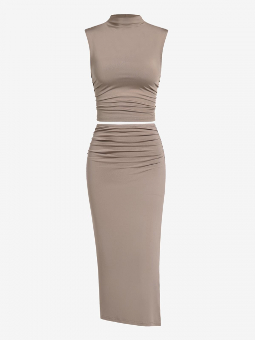 Mock Neck Ruched Crop Tank Top Thigh High Split Midi Bodycon Skirt Going Out Sexy Two Piece Dress Coffee