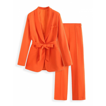 Shawl Collar Belted One Button Pocket Shoulder Padded Blazer Pintuck Detail Zipper Side Straight Pants Office Solid Color Mathing Set Dark orange