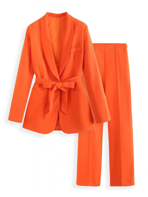 Shawl Collar Belted One Button Pocket Shoulder Padded Blazer Pintuck Detail Zipper Side Straight Pants Office Solid Color Mathing Set Dark orange