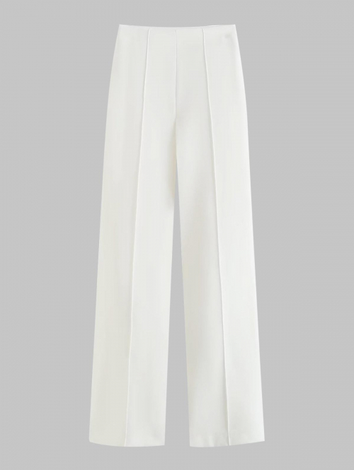 Women's Office Formal Solid Color Pintuck Detail Zipper Side High Waisted Straight Tailored Pants M White