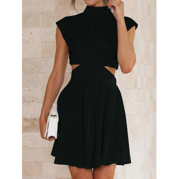 Casual Women's Sexy Solid Color Mock Neck Cap Sleeve Pleated Cut Out High Waist Mini Skater Dress M Black