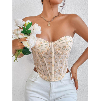 Women Tank Tops Floral Print Semi-sheer Lace Up Bandeau Corset Tank Top S Light yellow