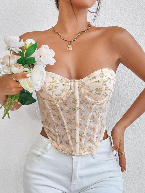 Women Tank Tops Floral Print Semi-sheer Lace Up Bandeau Corset Tank Top S Light yellow