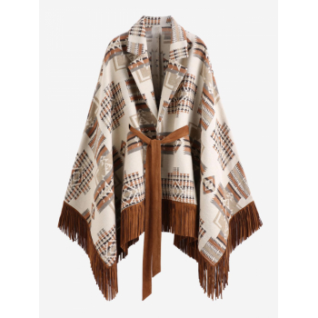 ZAFUL Women's Ethnic Aztec Print Fringed Lapel Collar Belted Batwing Sleeve Poncho L Light coffee