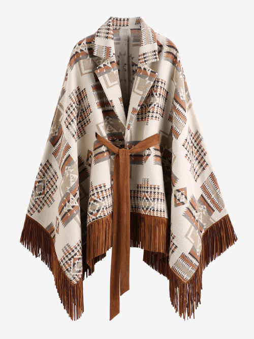 ZAFUL Women's Ethnic Aztec Print Fringed Lapel Collar Belted Batwing Sleeve Poncho L Light coffee