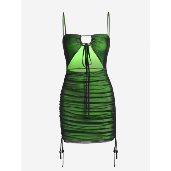 Bodycon Dress Contrast Mesh Overlay Cinched Cutout Tied Bodycon Dress M Green