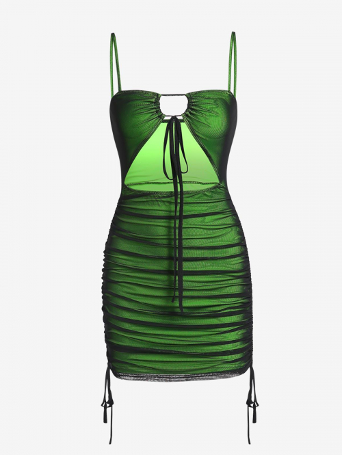 Bodycon Dress Contrast Mesh Overlay Cinched Cutout Tied Bodycon Dress M Green