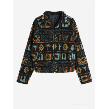 ZAFUL Women's Turn Down Collar Long Sleeve Ethnic Style Aztec Tribal Geo Printed Pockets Zip Up Fluffy Fuzzy Textured Teddy Jacket M Black