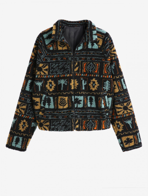 ZAFUL Women's Turn Down Collar Long Sleeve Ethnic Style Aztec Tribal Geo Printed Pockets Zip Up Fluffy Fuzzy Textured Teddy Jacket M Black