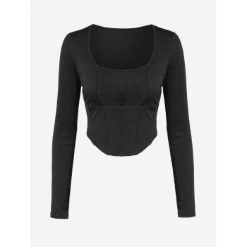 Fashion Women Tees ZAFUL Women's Daily Solid Color Scoop U-neck Slim Ribbed Corset-style Long Sleeve Tee M Black