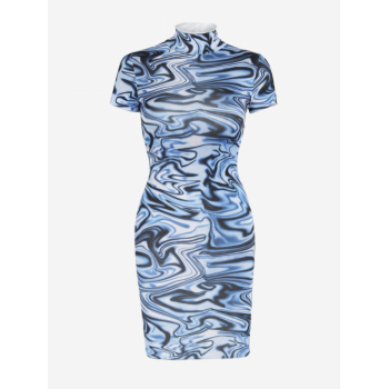 Bodycon Dress Mock Neck Swirl Print Mini Bodycon T-Shirt Dress S Blue