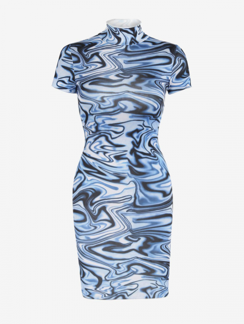 Bodycon Dress Mock Neck Swirl Print Mini Bodycon T-Shirt Dress S Blue