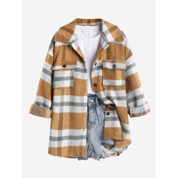 Women's Plaid Pattern Turn-down Collar Flap Pocket Drop Shoulder Button Down Flannel Woolen Jacket L Light coffee