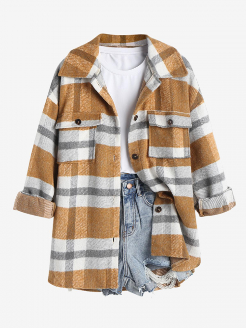 Women's Plaid Pattern Turn-down Collar Flap Pocket Drop Shoulder Button Down Flannel Woolen Jacket L Light coffee