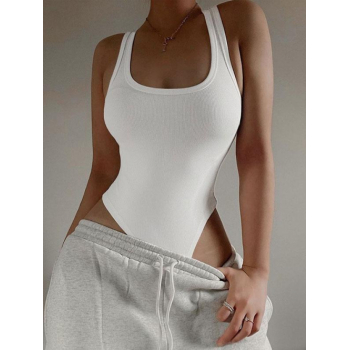 Women Bodysuits Solid Basic Ribbed Racerback High Leg Bodysuit M White