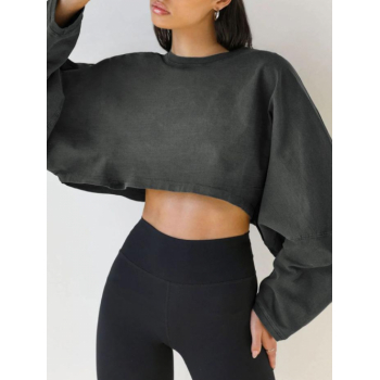 Women Hoodies Women's Drop Shoulder Crew Neck Solid Color Oversized Crop Pullover Sweatshirt L Gray