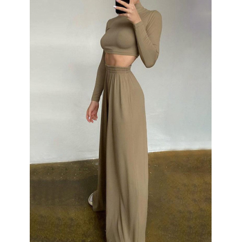 Women's Basic Casual Solid Color Mock Neck Long Sleeves Crop T Shirt High Waist Wide Leg Pants Two Piece Set M Deep coffee