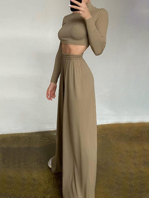 Women's Basic Casual Solid Color Mock Neck Long Sleeves Crop T Shirt High Waist Wide Leg Pants Two Piece Set M Deep coffee