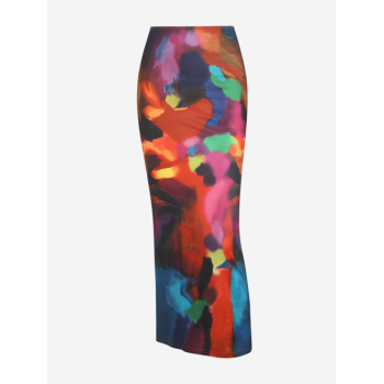 Women's Sexy Elegant Streetwear Vintage Retro Abstract Tie Dye Print Slinky Midi Skirt M