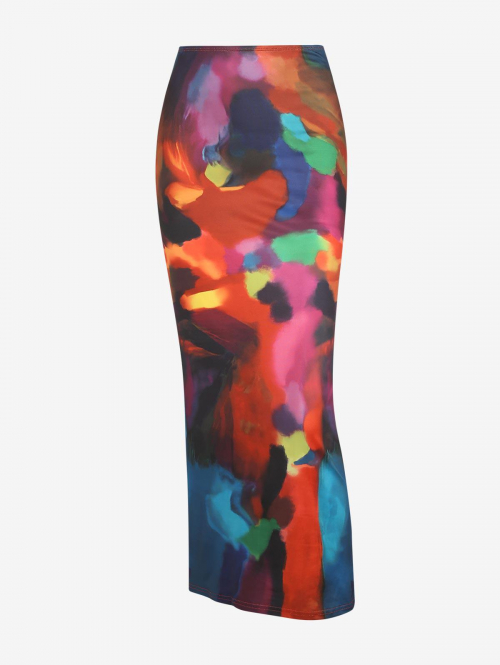 Women's Sexy Elegant Streetwear Vintage Retro Abstract Tie Dye Print Slinky Midi Skirt M