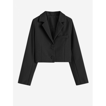 Women Blazers Women's Formal Office Solid Color Lapel Shoulder Padded Mock Pocket Single Breasted Long Sleeve Crop Blazer L Black