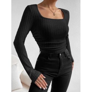 Fashion Women Tees Women's Daily Solid Color Basic Plush Ribbed Textured Knit Ruched Side Slim Tee L Black