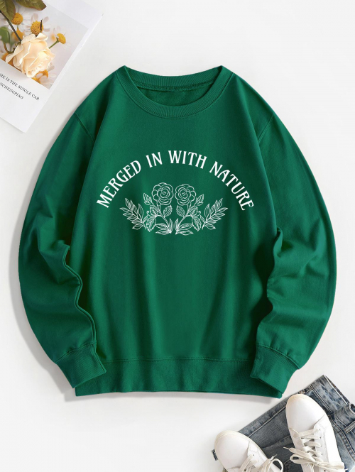 Women Hoodies Women's Casual Letter Slogan Plant Floral Graphic Printed Long Sleeve Crew Neck Pullover Sweatshirt L Deep green