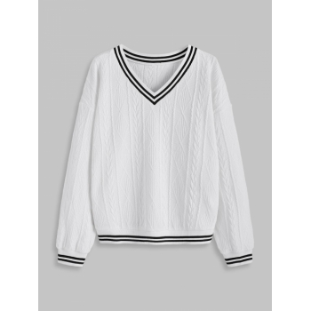 Women ZAFUL Women's Varsity Preppy Style Daily Stripes Panel V Neck Cable Fisherman Knit Drop Shoulder Loose Long Sleeve Pullover Jumper Sweater L Whi