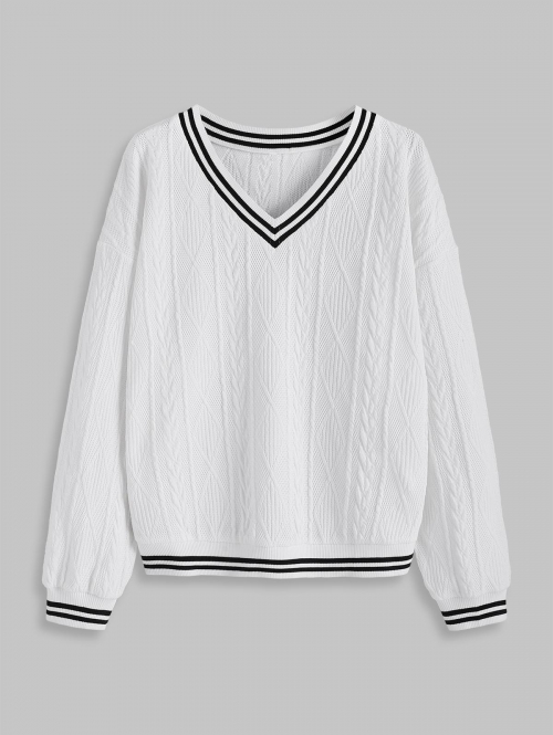 Women ZAFUL Women's Varsity Preppy Style Daily Stripes Panel V Neck Cable Fisherman Knit Drop Shoulder Loose Long Sleeve Pullover Jumper Sweater L Whi