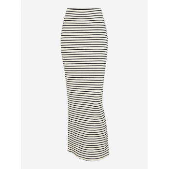 Women's Elegant Daily Contrast Black and White Stripes Ribbed Knit Textured Slinky Maxi Skirt M White