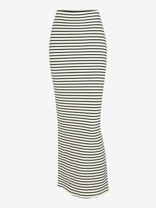 Women's Elegant Daily Contrast Black and White Stripes Ribbed Knit Textured Slinky Maxi Skirt M White