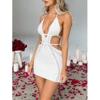 Bodycon Dress Openwork Knitted Halter Backless Mini Bodycon Beach Dress M White