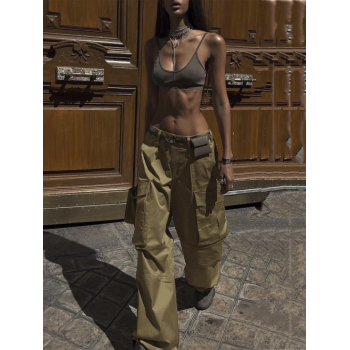 Women's Daily Streetwear Y2K Flap Pockets Pleated Waist Low Rise Cargo Wide Leg Pants M Coffee