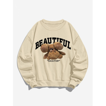 Women Hoodies Women's BEAUTIFUL Upside Down Bear Print Crew Neck Drop Shoulder Long Sleeve Pullover Sweatshirt L Light coffee