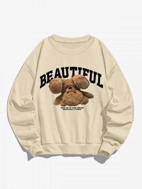 Women Hoodies Women's BEAUTIFUL Upside Down Bear Print Crew Neck Drop Shoulder Long Sleeve Pullover Sweatshirt L Light coffee