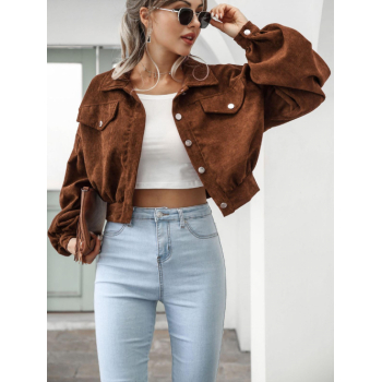 Women's Daily Vintage Solid Color Flap Detail Snap Button Placket Turn Down Collar Long Sleeve Drop Shoulder Corduroy Jacket L Deep coffee