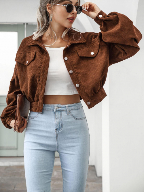 Women's Daily Vintage Solid Color Flap Detail Snap Button Placket Turn Down Collar Long Sleeve Drop Shoulder Corduroy Jacket L Deep coffee