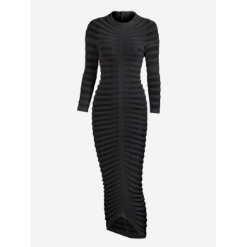 Bodycon Dress Women's Sexy Party Club See Through Openwork Long Sleeves Round Neck Maxi Slinky Sweater Dress L Black