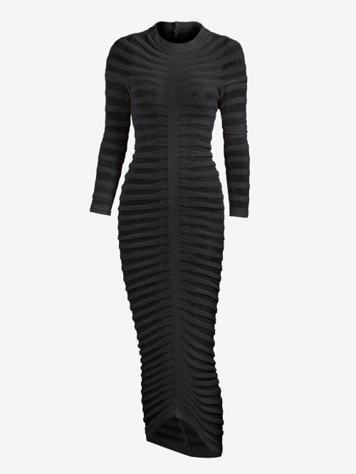 Bodycon Dress Women's Sexy Party Club See Through Openwork Long Sleeves Round Neck Maxi Slinky Sweater Dress L Black