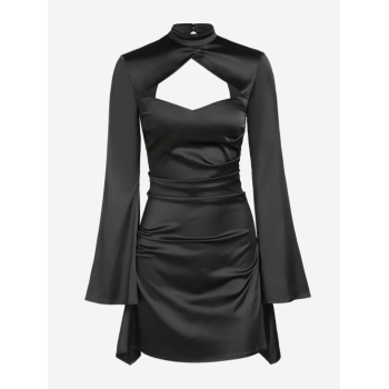 Mini Dress ZAFUL Women's Sexy Party Satin Mock Neck Cut Out Long Flare Sleeve Solid Color Ruched Mini Slinky Dress M Black