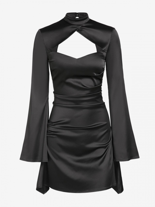 Mini Dress ZAFUL Women's Sexy Party Satin Mock Neck Cut Out Long Flare Sleeve Solid Color Ruched Mini Slinky Dress M Black