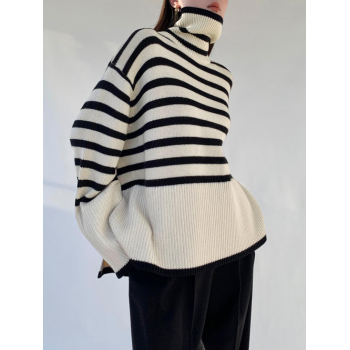 Women Women's Striped High Collar Drop Shoulder Wide Sleeve Slit Side Oversized Pullover Jumper Sweater White