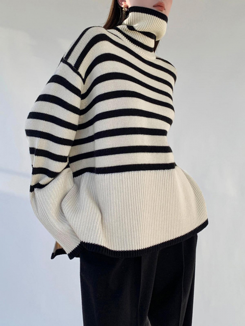 Women Women's Striped High Collar Drop Shoulder Wide Sleeve Slit Side Oversized Pullover Jumper Sweater White