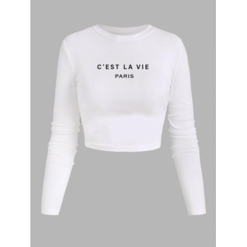 Fashion Women Tees Women's Daily Letter C'EST LA VIA PARIS Embroidered Ribbed Long Sleeve Slim Crop Tee L White