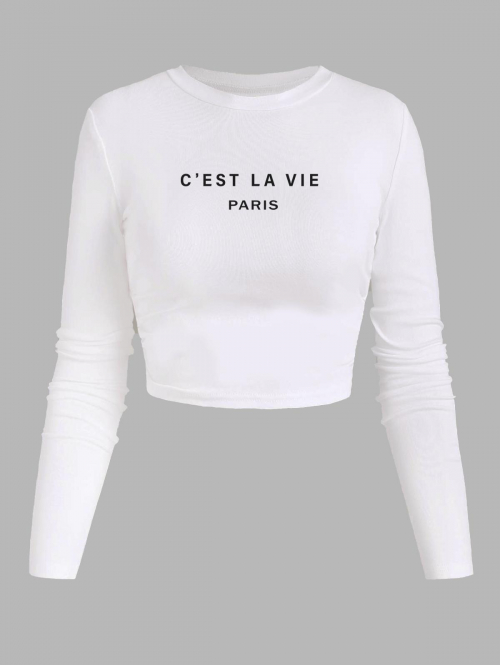 Fashion Women Tees Women's Daily Letter C'EST LA VIA PARIS Embroidered Ribbed Long Sleeve Slim Crop Tee L White