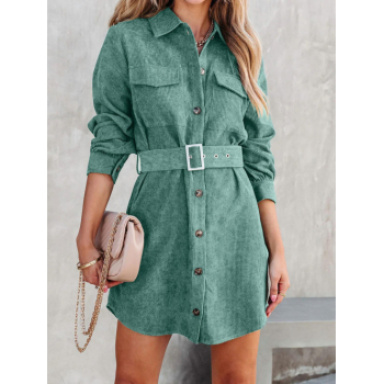 Casual Women's Casual Corduroy Solid Color Long Sleeves Belted Shirt Mini Dress L Green