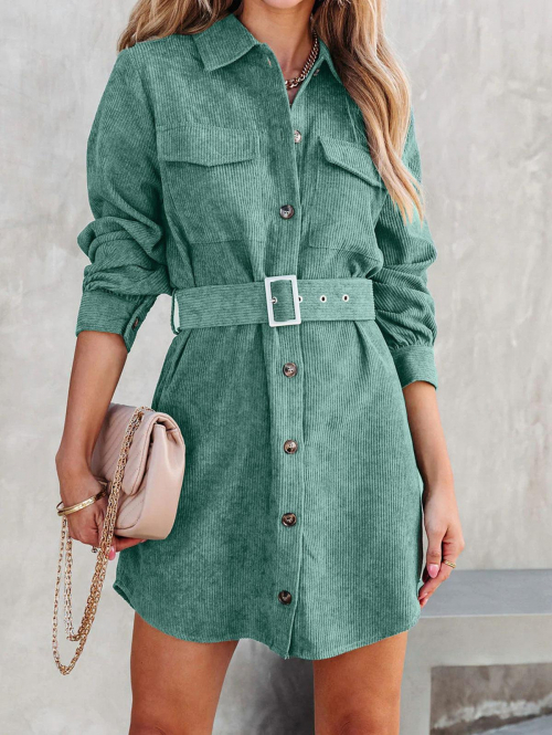 Casual Women's Casual Corduroy Solid Color Long Sleeves Belted Shirt Mini Dress L Green